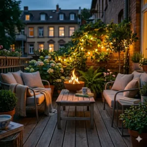 Einrichtungsidee mit gemütlichen Sesseln und einer feuerstelle für kleine terrasse.