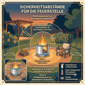 A safety graphic illustrating the required clearance distances around a feuerstelle raucharm garten in the backyard.