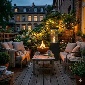 Schlanke Bioethanol-Feuersäule als vertikale feuerstelle für kleine terrasse geeignet.