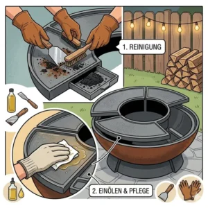 Illustration zur einfachen Reinigung und Pflege einer Grill-feuerschale mit kochplatte.