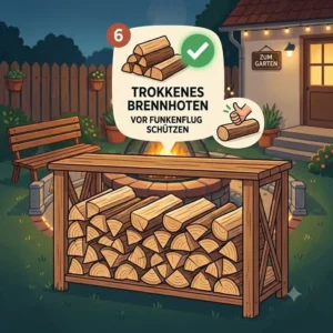 Nur trockenes Holz lagern und verbrennen für weniger Funkenflug laut outdoor feuerstelle sicherheit tipps.