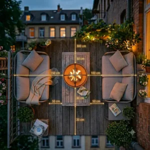 Infografik zu Sicherheitsabständen beim Aufstellen einer feuerstelle für kleine terrasse.