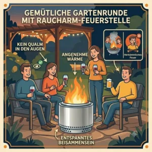 Friends enjoying a social outdoor gathering and chatting around a warm feuerstelle raucharm garten without any smoke.