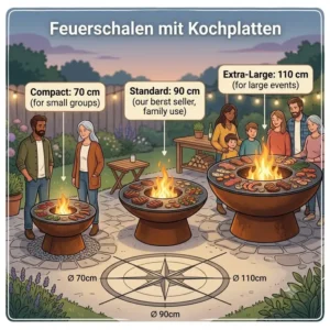 Größenvergleich verschiedener feuerschale mit kochplatte für Terrasse und Garten.