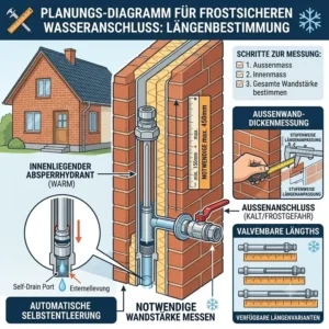Technische Zeichnung zum korrekten Gefälle für einen wasseranschluss außenküche ohne frost.