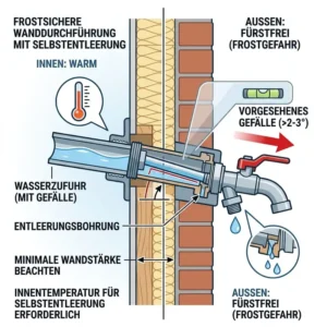 Detailansicht der Verbindung von Spüle và Armatur an den wasseranschluss außenküche ohne frost.