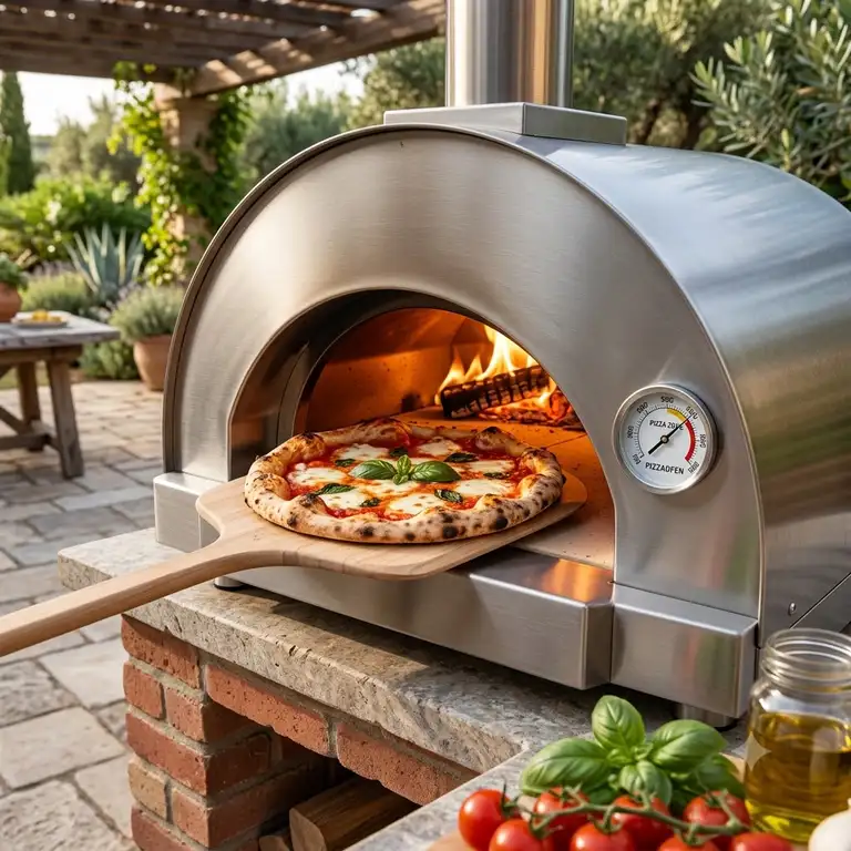 Modern outdoor pizza oven featuring a pizzaofen mit thermometer integriert cooking a pizza on a garden patio.