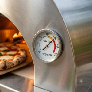 Detailed close-up view of the dial on a pizzaofen mit thermometer integriert.