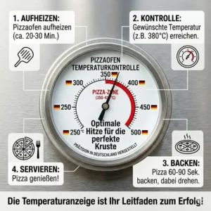 Infographic guide showing step-by-step pizza making using a pizzaofen mit thermometer integriert.