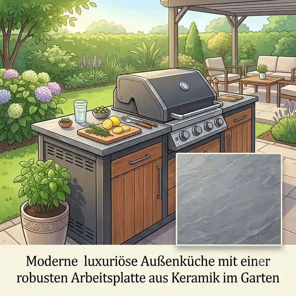 Featured image of a modern outdoor kitchen in a garden featuring a durable arbeitplatte keramik aussenkueche.arbeitsplatte keramik außenküche