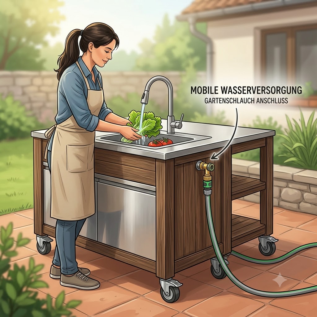 A functional featured image showing a mobile wasserversorgung außenküche setup on a garden patio, with a person using the sink connected to a garden hose.
