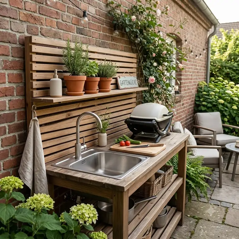 Ein minimalistisches spülbecken außenküche platzsparend integriert auf einem gemütlichen Balkon.