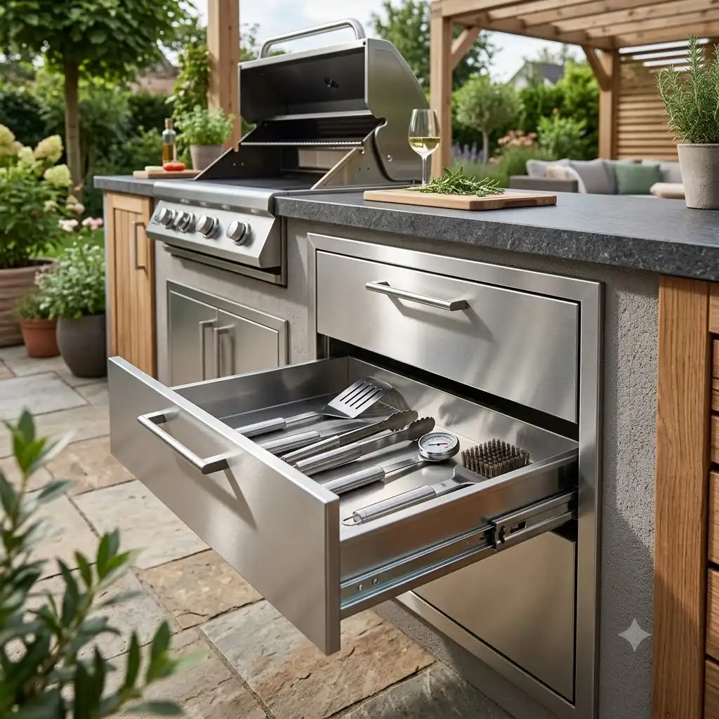 Premium stainless steel schubladensystem außenküche integrated into a luxury patio outdoor kitchen setup.