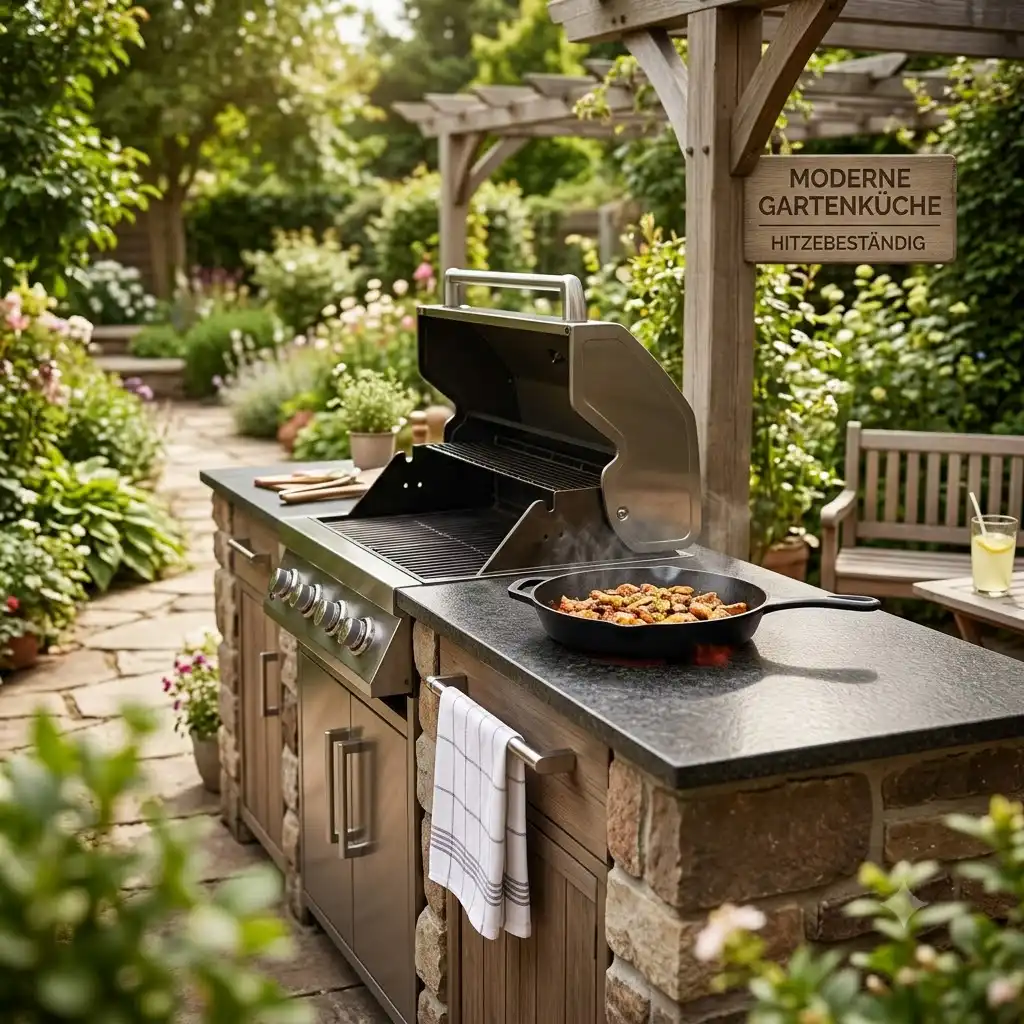 A high-resolution photograph showcasing a complete modern garden kitchen with a powerful barbecue grill and a durable outdoor arbeitsfläche hitzebeständig made of natural stone.