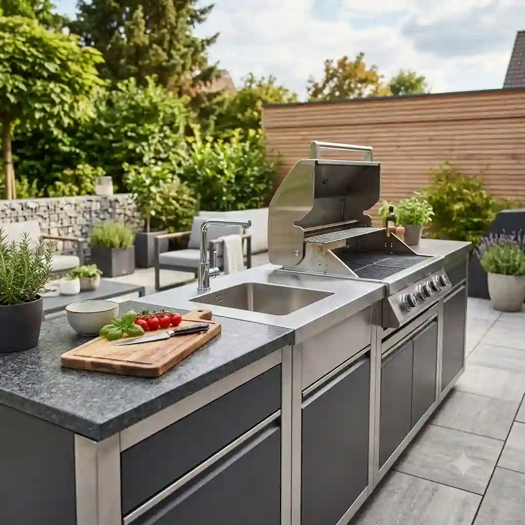 A modern stainless steel and granite modular arbeitsfläche außenküche hero image. modulare arbeitsfläche außenküche