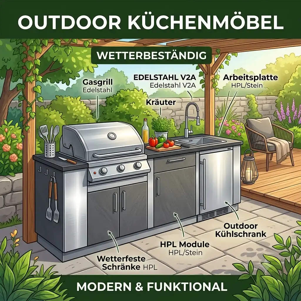 Moderne und wetterbeständige Outdoor-Küchenmöbel in einem stilvoll eingerichteten Gartenoutdoor küchenmöbel wetterbeständig