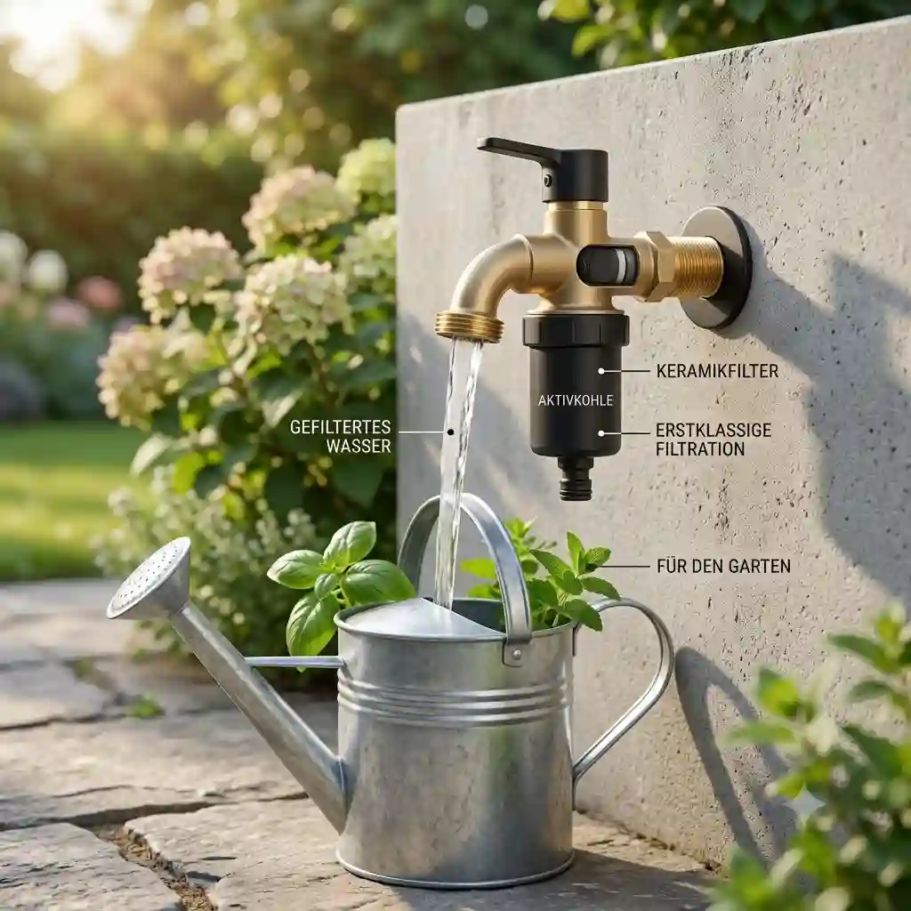 A featured image of a modern outdoor wasserhahn mit filter mounted on a garden wall.