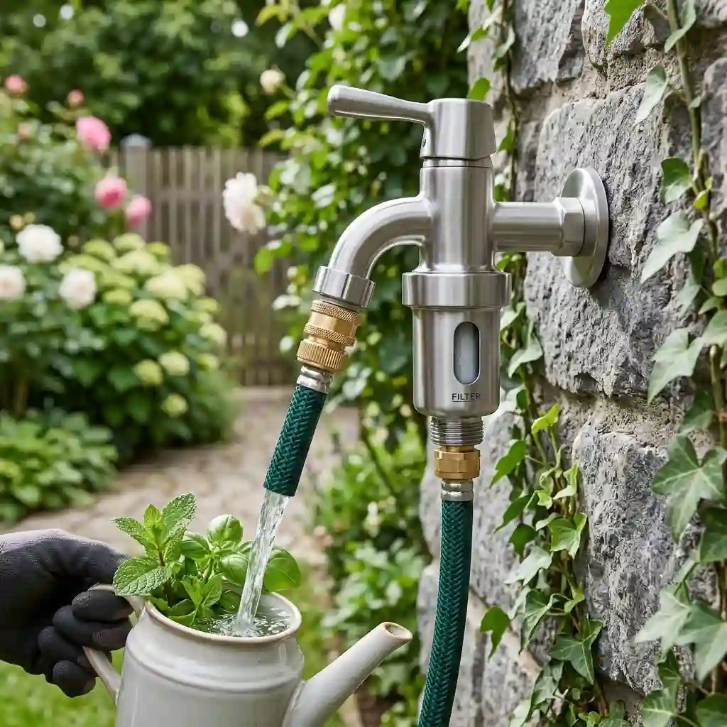 A professional view of an outdoor wasserhahn mit filter installed on a garden wall.