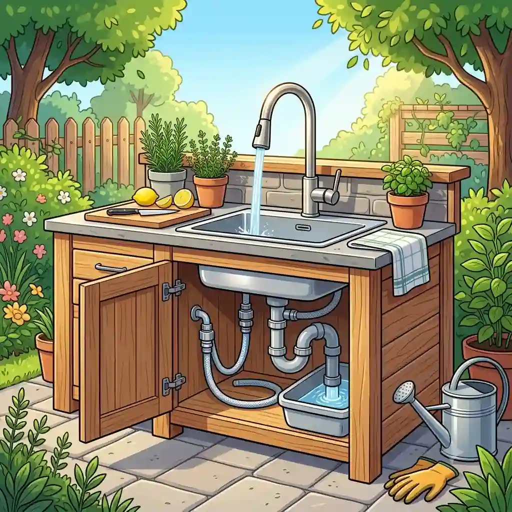 Fertiges Ergebnis einer professionellen wasserinstallation außenküche diy mit Edelstahlbecken im Garten.