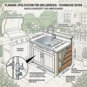 Technical illustration showing the ideal dimensions and plumbing connections for a functional spülstation für grillbereich.