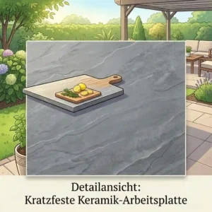 Detail view illustration showing the material texture of a robust arbeitplatte keramik aussenkueche with rosemary and lemon.