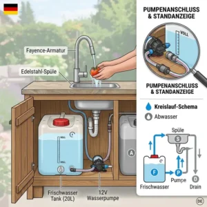A detailed engineering diagram illustrating the installation of a self-contained frischwasser tank gartenküche with pump connections.