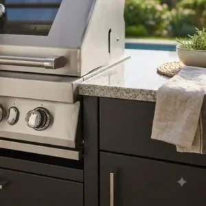 Close-up on the contemporary materials and flawless outdoor küchenmöbel design modern of the main island.