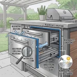 Weatherproof materials and rain seals on a durable stainless steel schubladensystem außenküche.