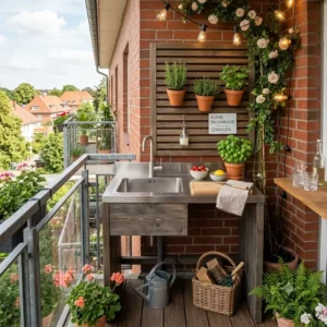 Ein minimalistisches spülbecken außenküche platzsparend integriert auf einem gemütlichen Balkon.