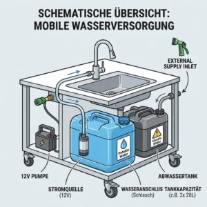 A schematic overview illustration detailing the fresh and wastewater flow of a mobile wasserversorgung außenküche system.