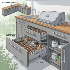 An illustration of modular cabinet systems, a smart strategy for outdoor küche stauraum optimieren in smaller spaces.