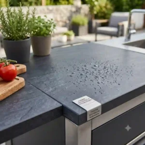 Weatherproof ceramic material detail on a modular arbeitsfläche außenküche