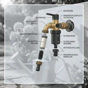 An exploded-view illustration showing the internal parts of the outdoor wasserhahn mit filter.