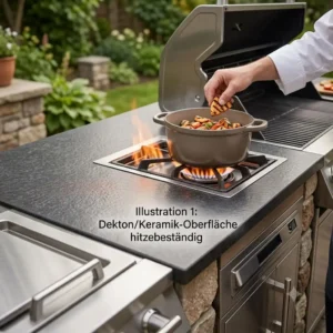 A detailed macro shot showing the surface interaction where grilled food is prepared directly on a heat-resistant ceramic outdoor arbeitsfläche hitzebeständig.