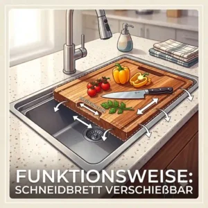 Illustration zur Funktionsweise von einem Spülbecken mit schneidbrett mit verschiebbarem Design.