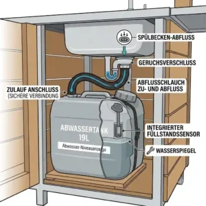 Detailed view of the siphon connection to the abwassertank außenküche