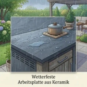 Wetterfest illustrative image showing rain falling on a durable arbeitplatte keramik aussenkueche on a patio.