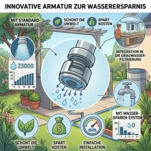 A close-up illustration of a specialized water-efficient faucet nozzle showing reduced water flow, designed as part of an außenküche wasser sparen system.