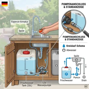 An illustrated close-up showing the water line connection from the frischwasser tank gartenküche to the stainless steel sink and faucet.