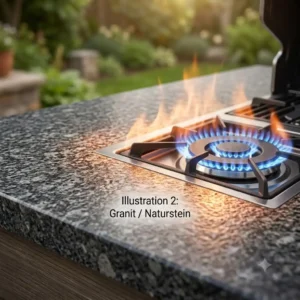A close-up view of a rugged natural stone outdoor arbeitsfläche hitzebeständig showcasing its texture next to a built-in stainless steel grill.