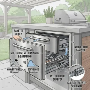 Detailed technical diagram of the smooth soft-close mechanism inside a schubladensystem außenküche.