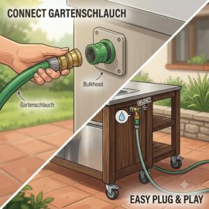 A close-up illustration of the simple "plug and play" garden hose connection for a mobile wasserversorgung außenküche.
