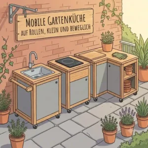 Mobile outdoor kitchen modules with wheels illustrating portable möbel für gartenküche klein.