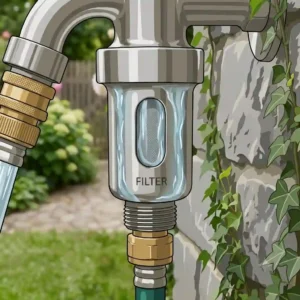 Technical diagram explaining how an outdoor wasserhahn mit filter purifies garden water.