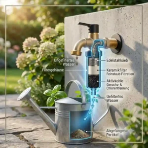 A cross-section illustration showing the dirty and clean water paths within the outdoor wasserhahn mit filter.