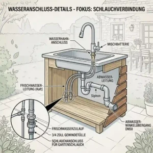 Exploded view illustration of the fresh water and wastewater hose connections for an outdoor spülstation für grillbereich.