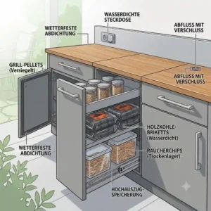 Close-up illustration of weatherproof cabinet materials and seals, essential for outdoor küche stauraum optimieren.