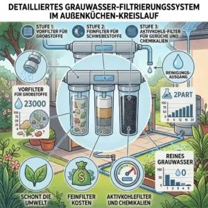 A detailed technical diagram illustrating the multi-stage process for filtering used sink water within an außenküche wasser sparen system.
