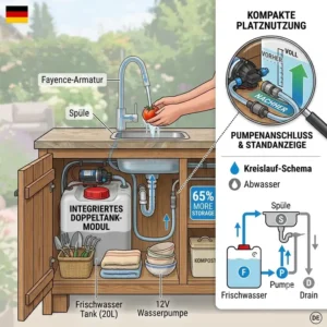A transparent illustration of a frischwasser tank gartenküche efficiently positioned inside a compact under-counter storage cabinet.