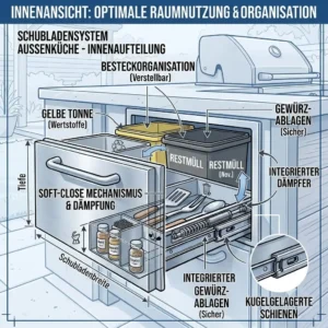 Internal view showing optimal space organization and cutlery dividers of a schubladensystem außenküche.